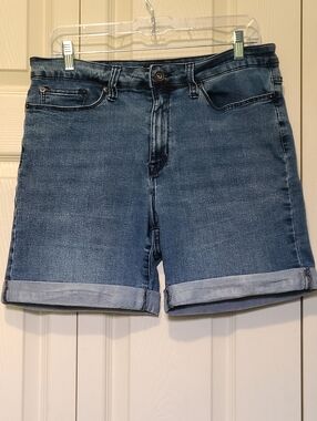 DKNY Dark Blue Wash Women's Cotton Blend Rolled Cuff 5-Pocket Denim Shorts